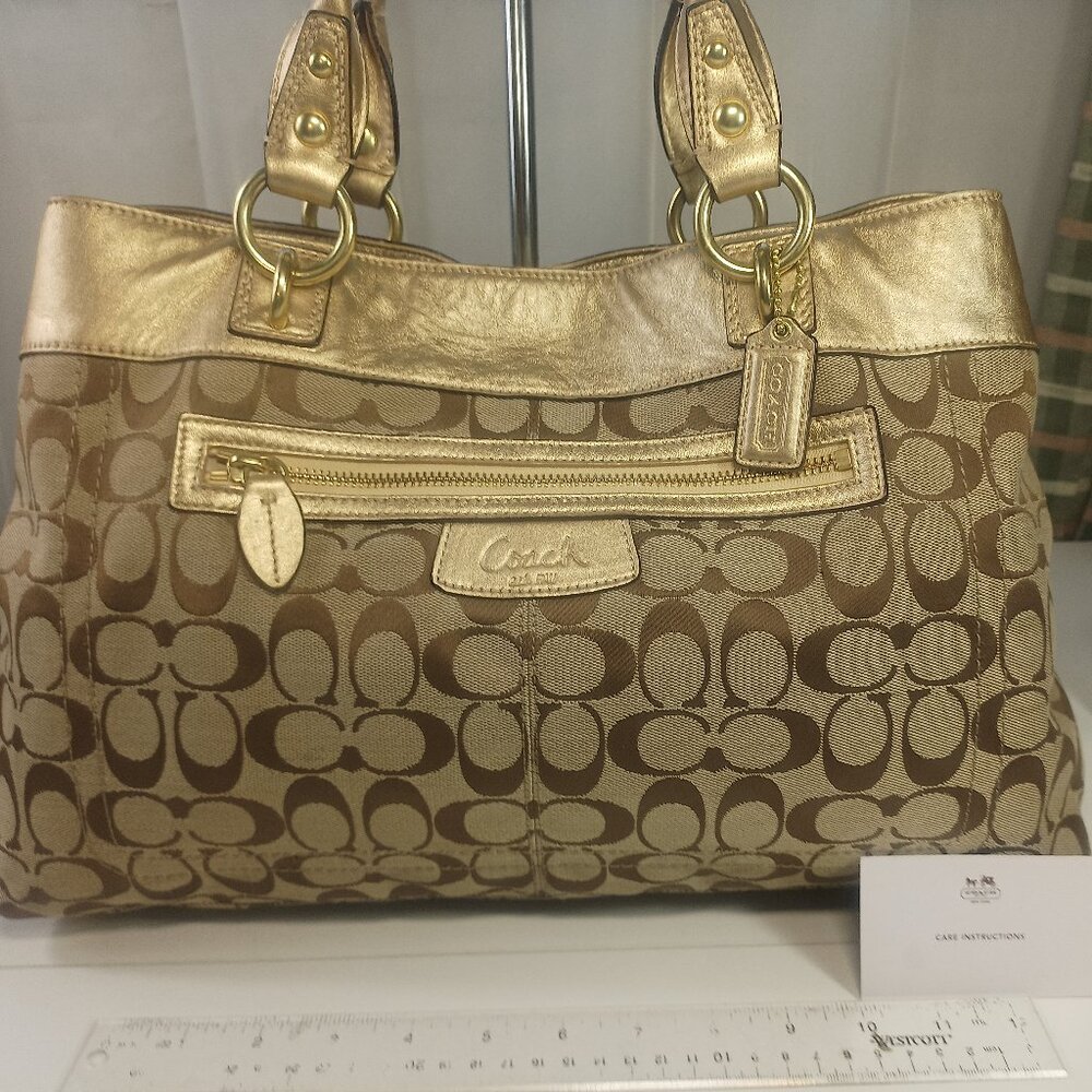 Coach Penelope Large Gold Beige Purse Signature Canvas Leather Straps Accents